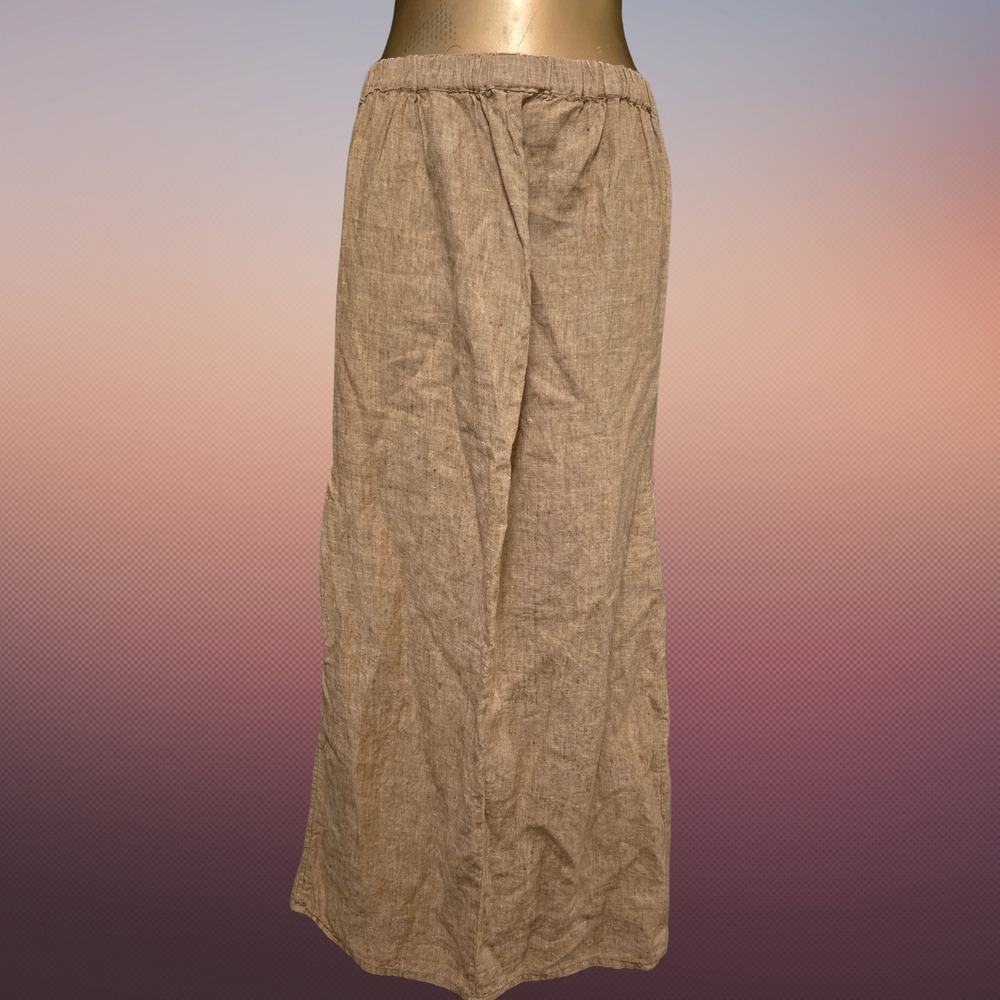 FLAX by Jeanne Engelhart Tan 100% Linen Maxi Skirt Elastic Waist Womens M Boho - Picture 8 of 10
